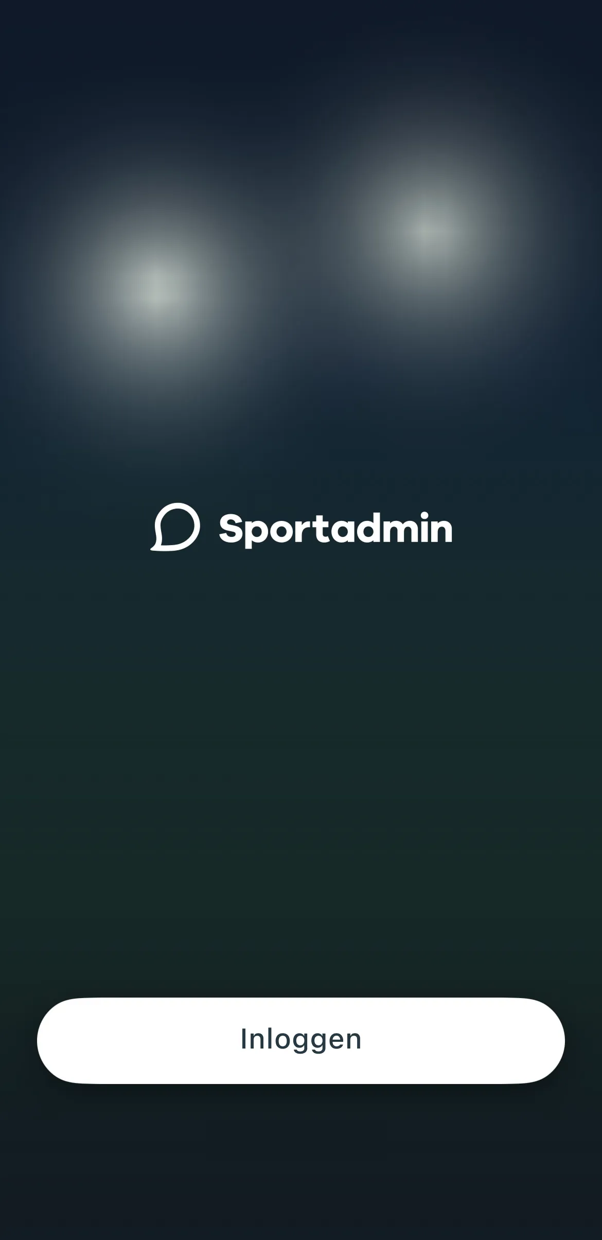 Het startscherm van de Sportadmin-app met de inlogknop