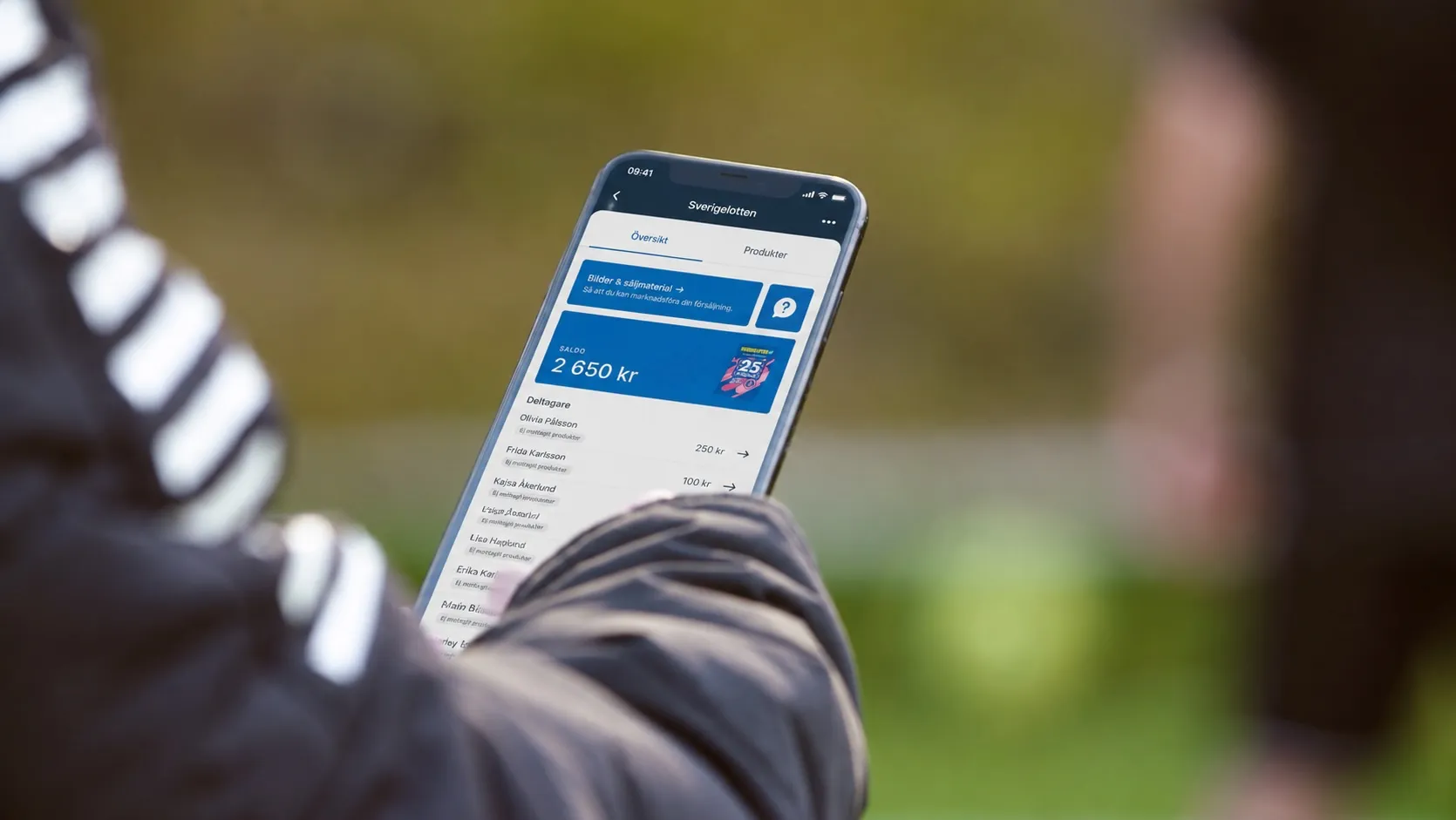 Lime Sportadmins översikt över pågående försäljningar med intäkter, status och försäljningar att välja i appen