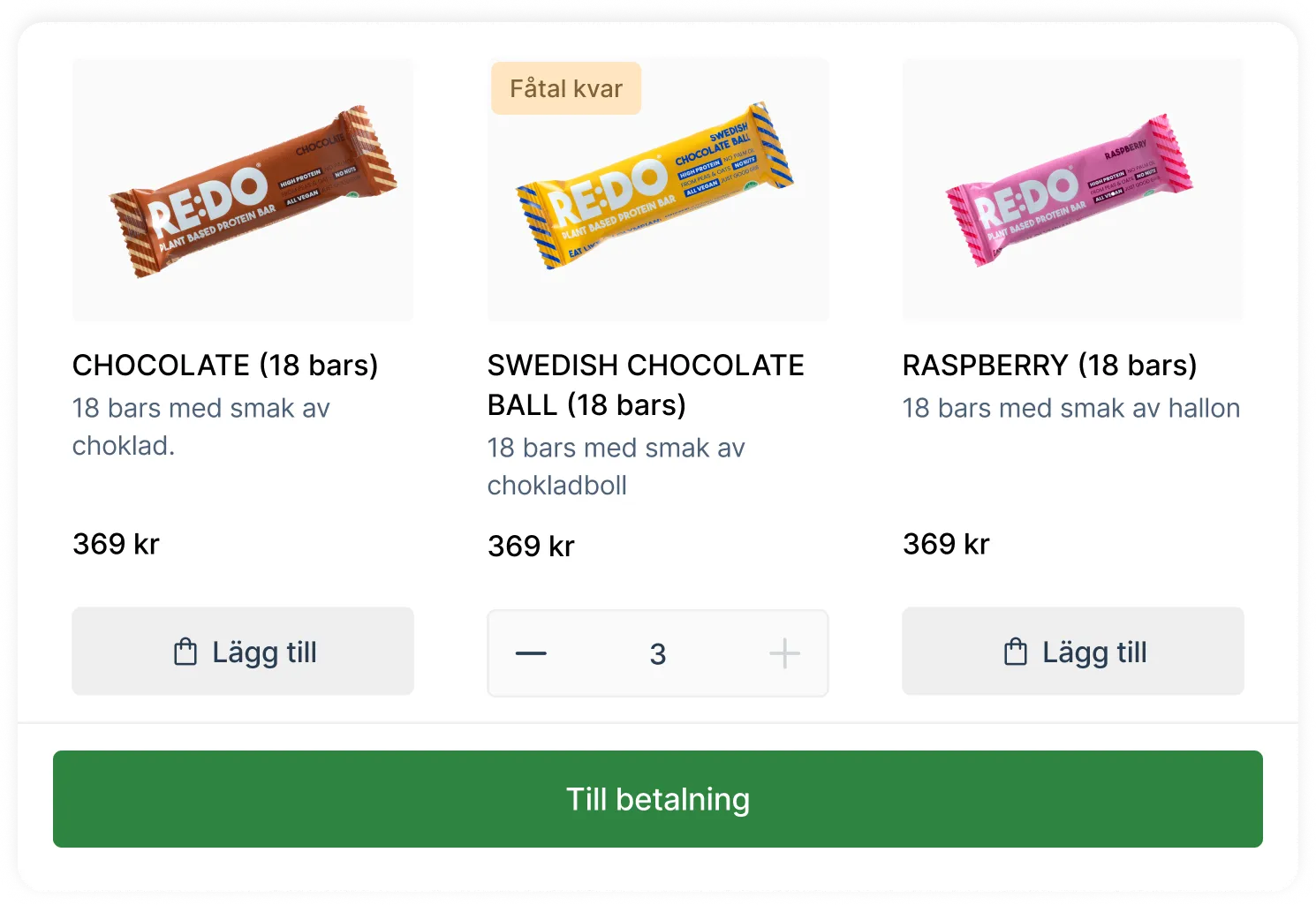 Webbshop i appen med produkter, priser och en knapp för att gå till betalning