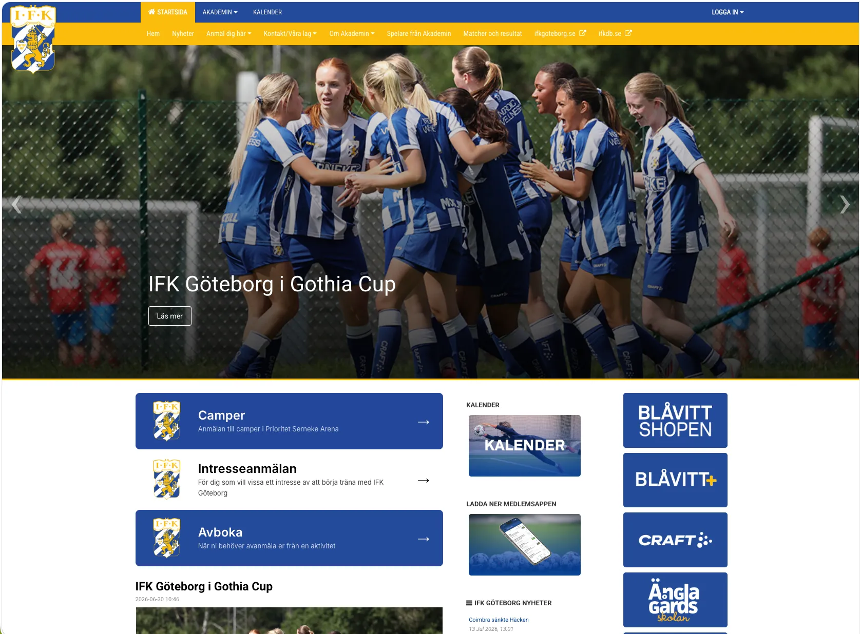 Förstasidan på en idrottsförenings hemsida byggd i Lime Sportadmin med matcher, nyheter och partners