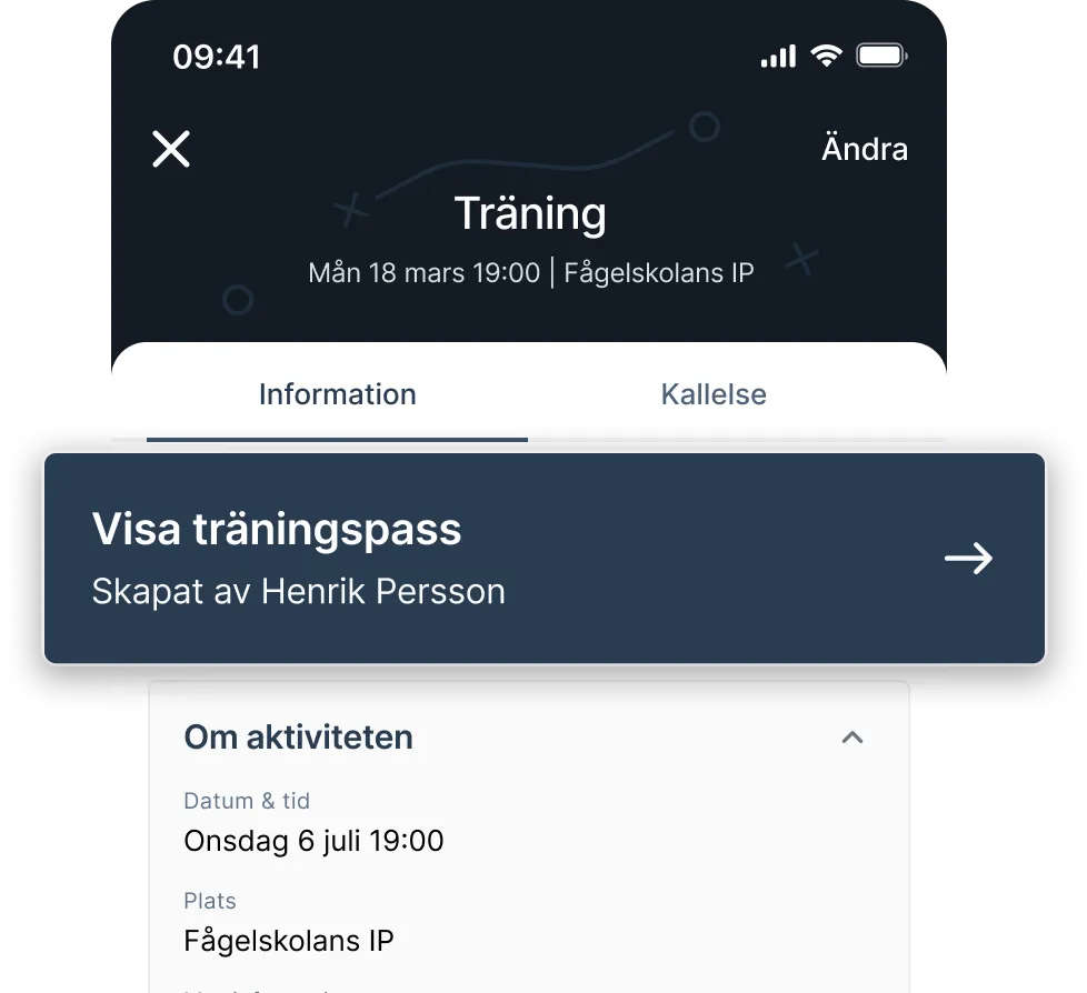 Träningspass kopplat till en aktivitet i Lime Sportadmin-appen
