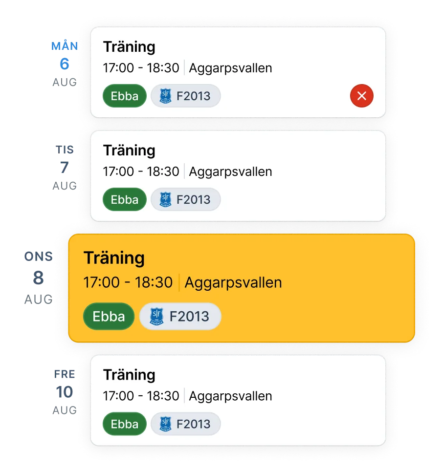 Kommande aktiviteter och kallelser i Sportadmin-appen