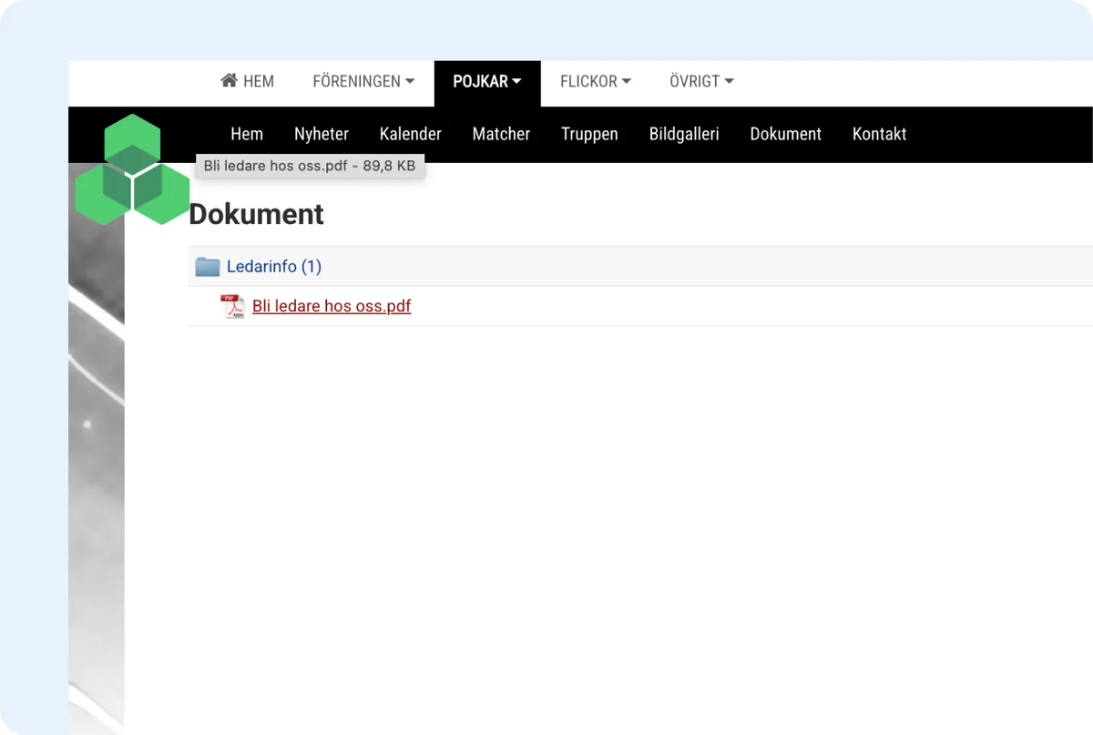 Dokument i hemsideverktyget i Sportadmin