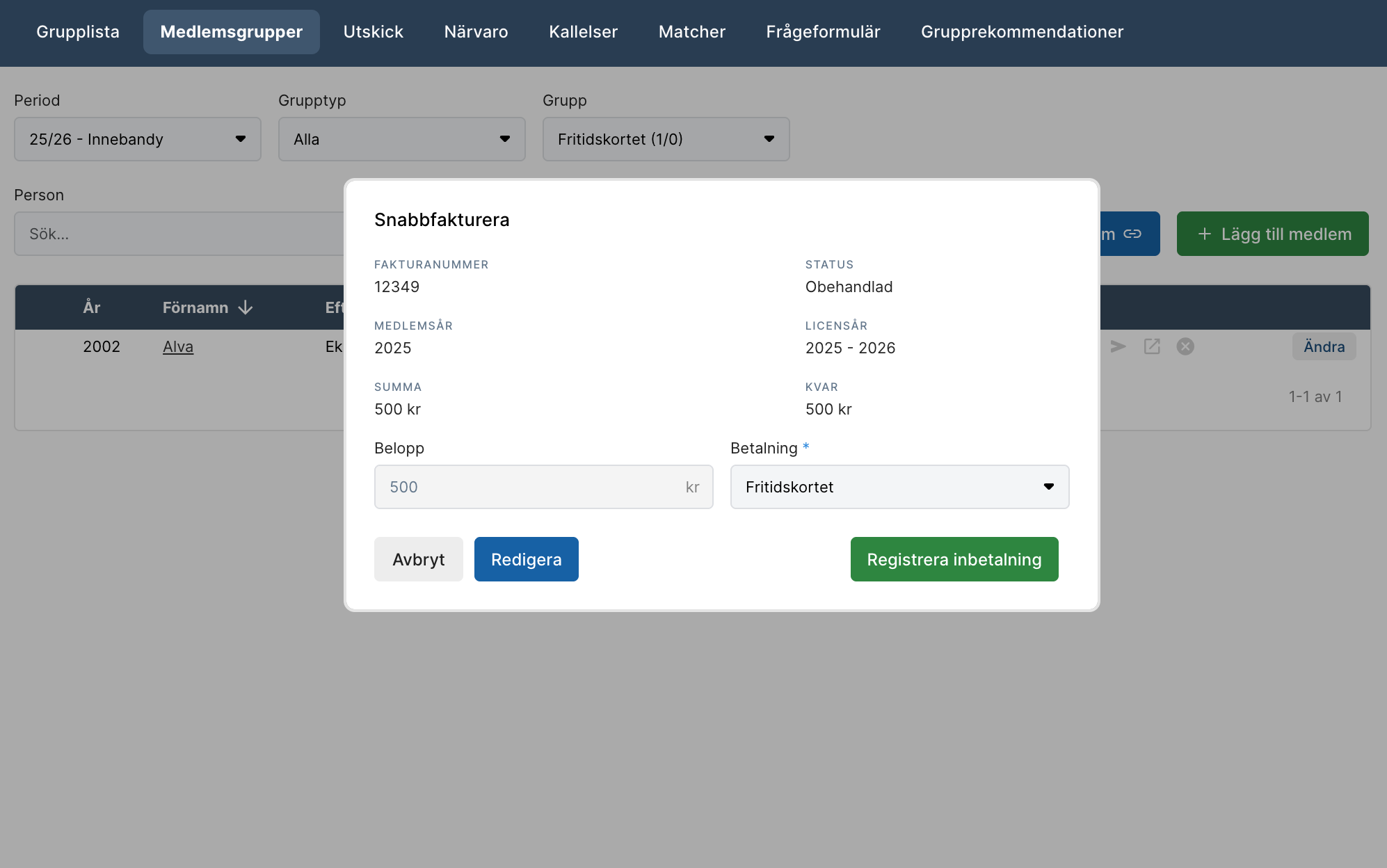 Registrera inbetalning med Fritidskortet — redan gjord betalning