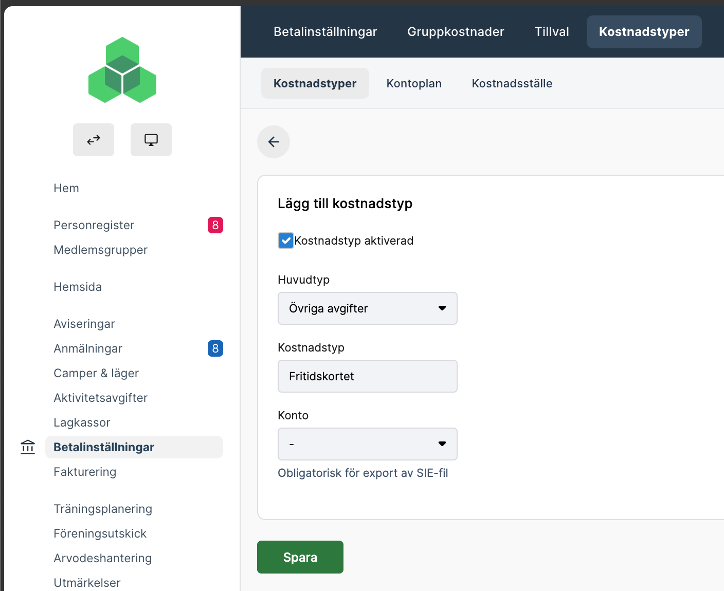 Skapa kostnadstyp för Fritidskortet