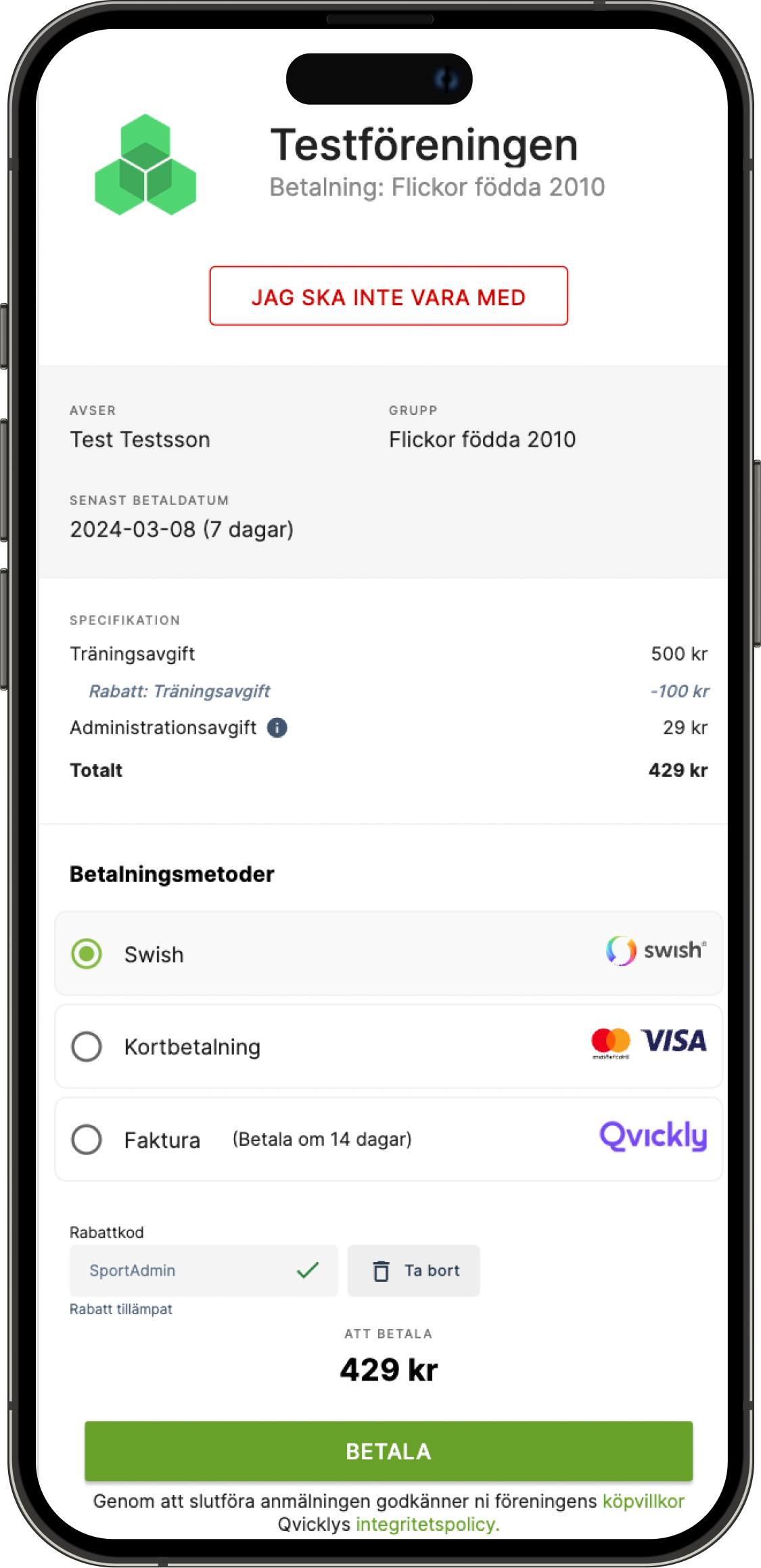 Rabatten avdragen i appen